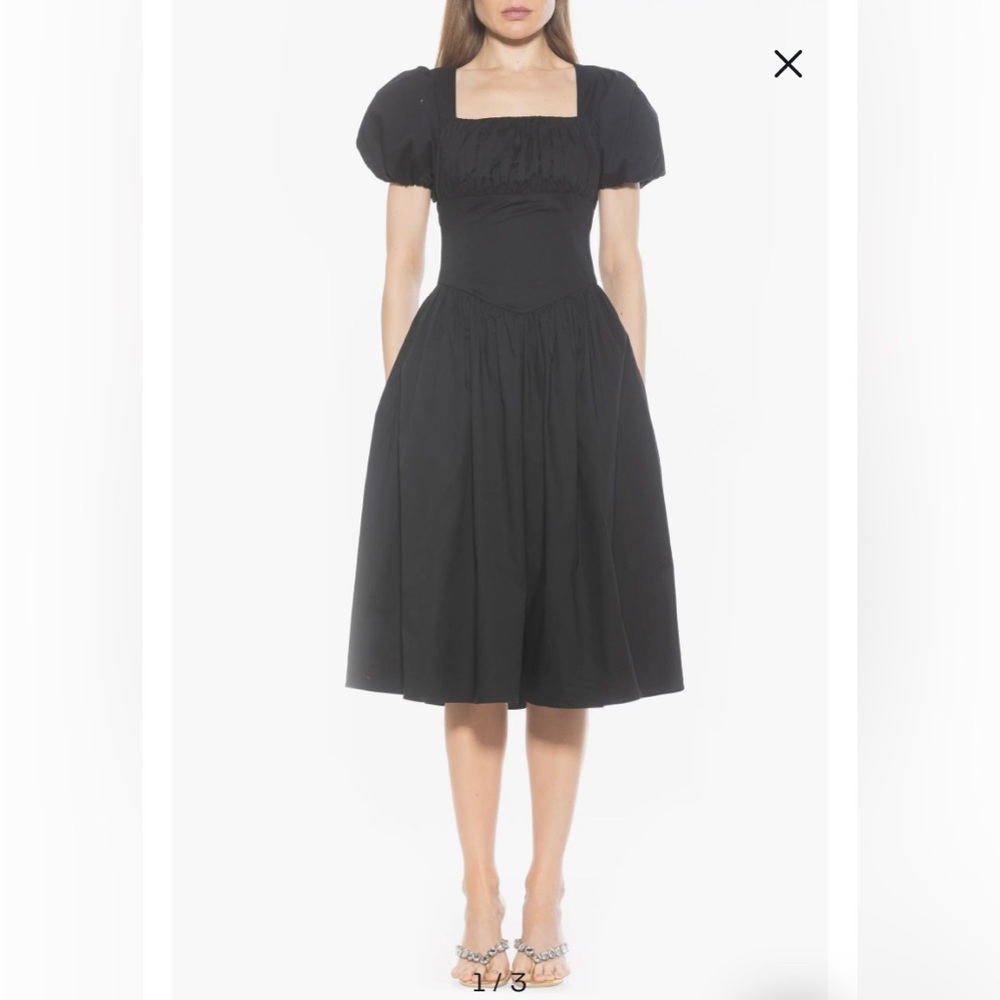 Black Pleated Midi Dress with Puff Sleeves by Alexia Admor